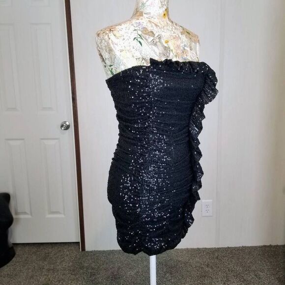 Strapless Black Evening Cocktail Party Sequin Mini Tube Bandage Stretch Dress - Picture 4 of 8